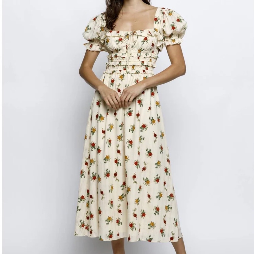 Floral Puff Sleeve Midi Dress Rose Printed NWT
